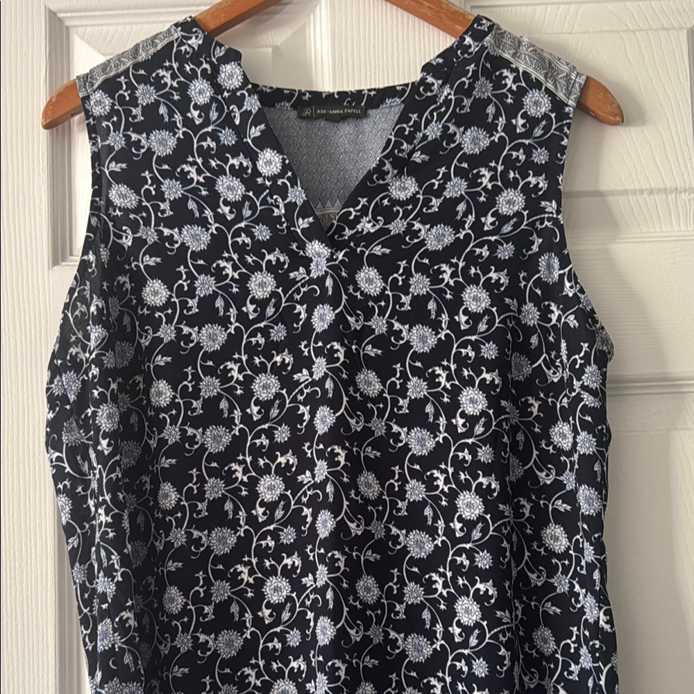 Adrianna Papell Floral Navy Blue and White Sleeveless Top